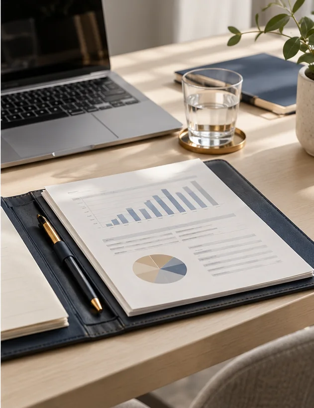 Illustrative management reports beside a laptop