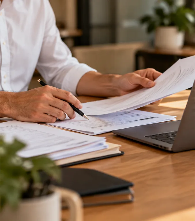 Illustrative hands reviewing accounting records