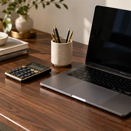 Illustrative laptop and calculator on a tidy accounting desk