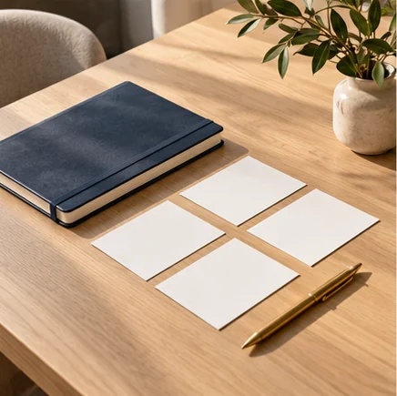 Illustrative business planning cards and notebook