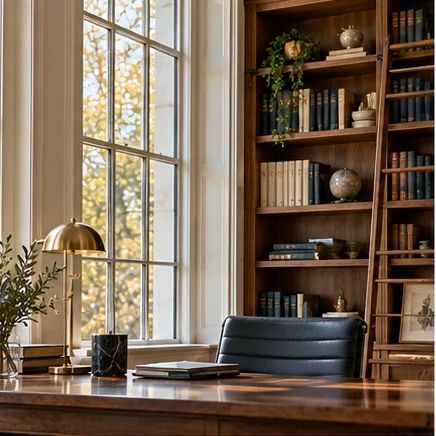 Illustrative office with financial records stored on shelves